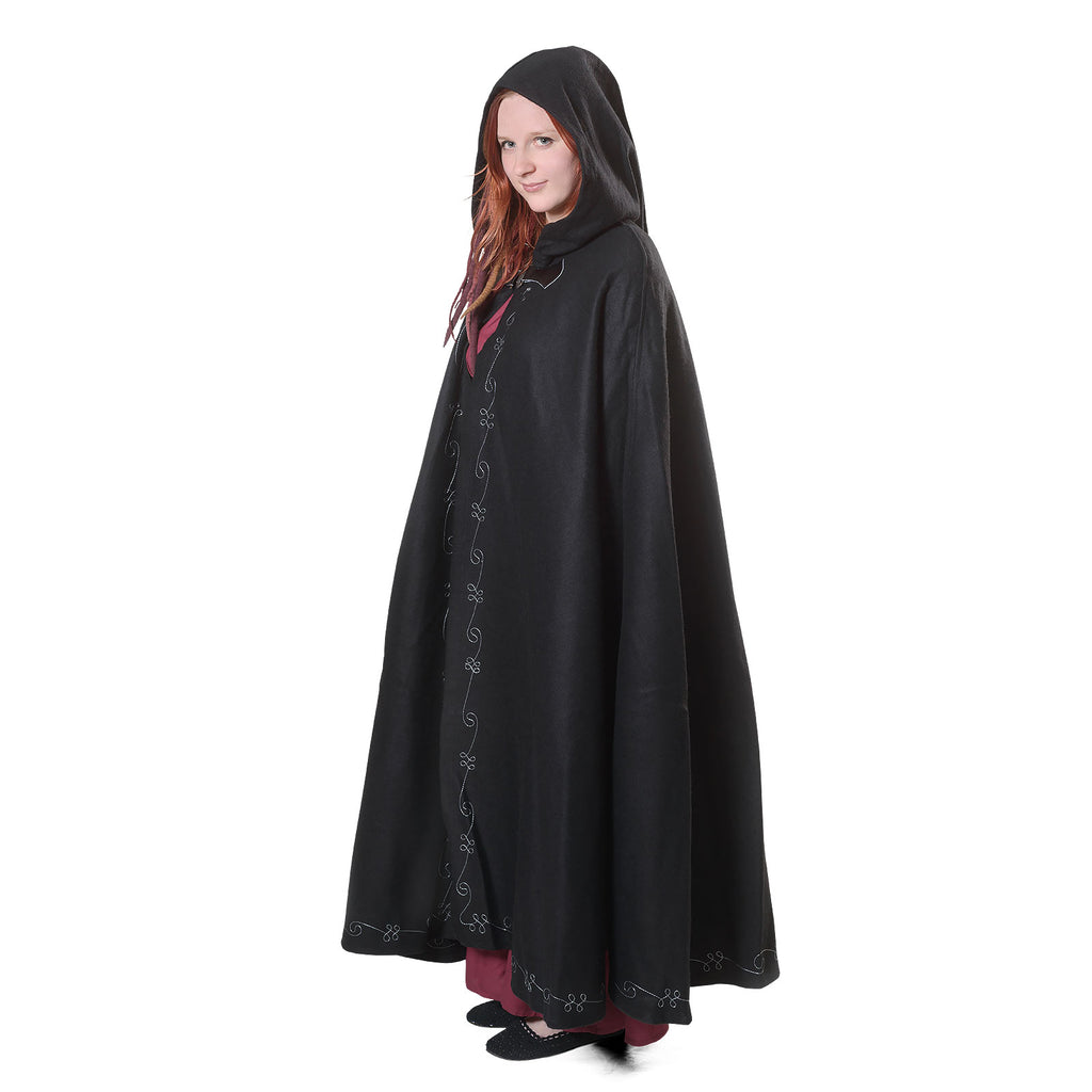 Image produit Cape médiévale en laine pour femmes avec capuche broderie boucle en métal noir