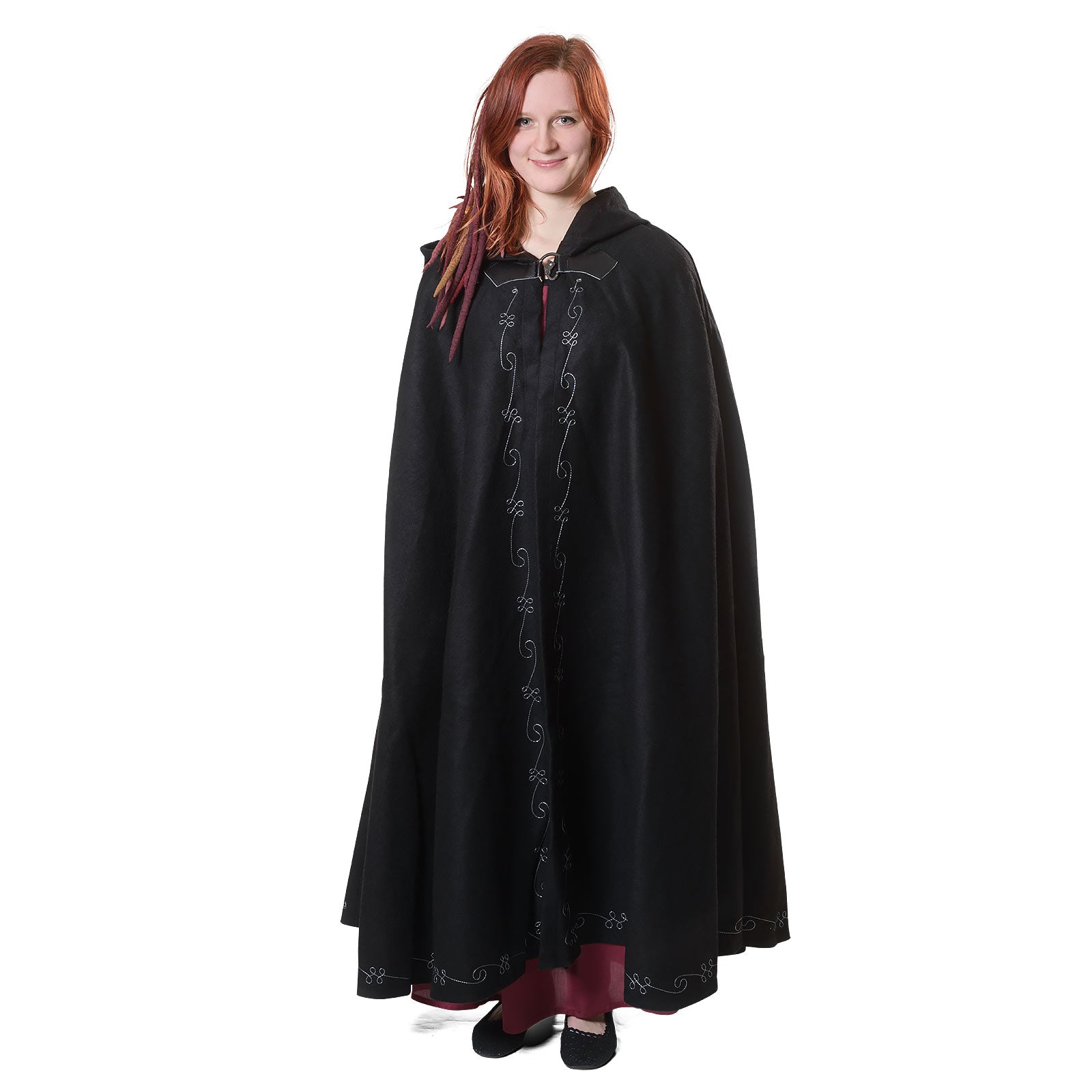 Image produit Cape médiévale en laine pour femmes avec capuche broderie boucle en métal noir