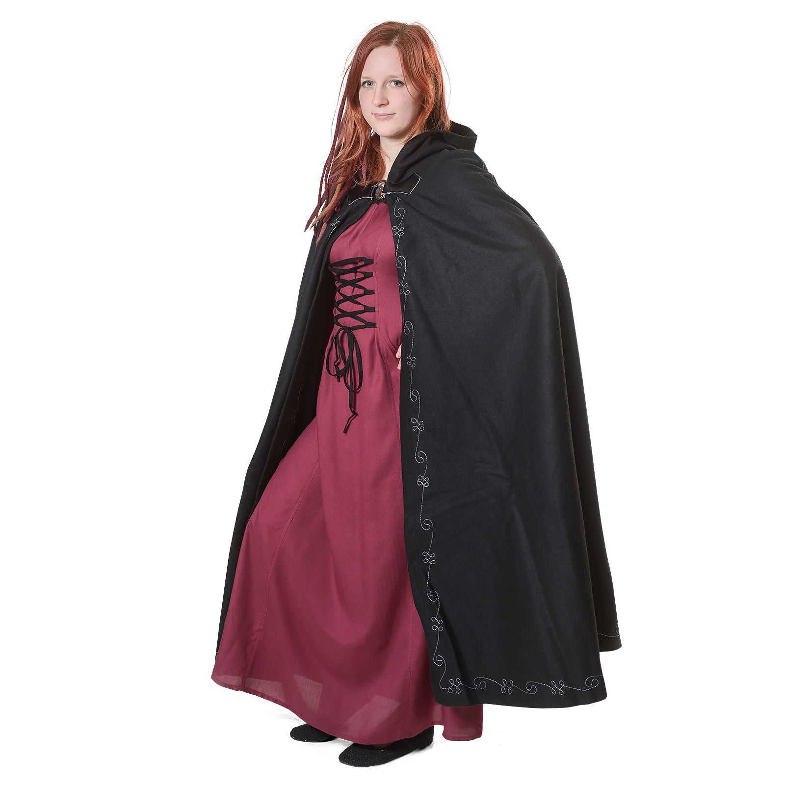 Image produit Cape médiévale en laine pour femmes avec capuche broderie boucle en métal noir