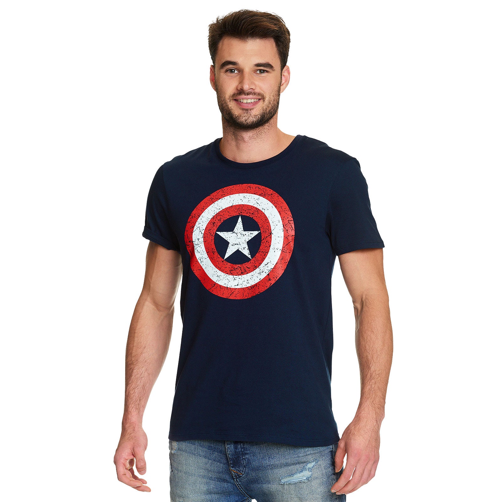 Image produit Captain America - T-shirt bleu avec logo de bouclier en détresse