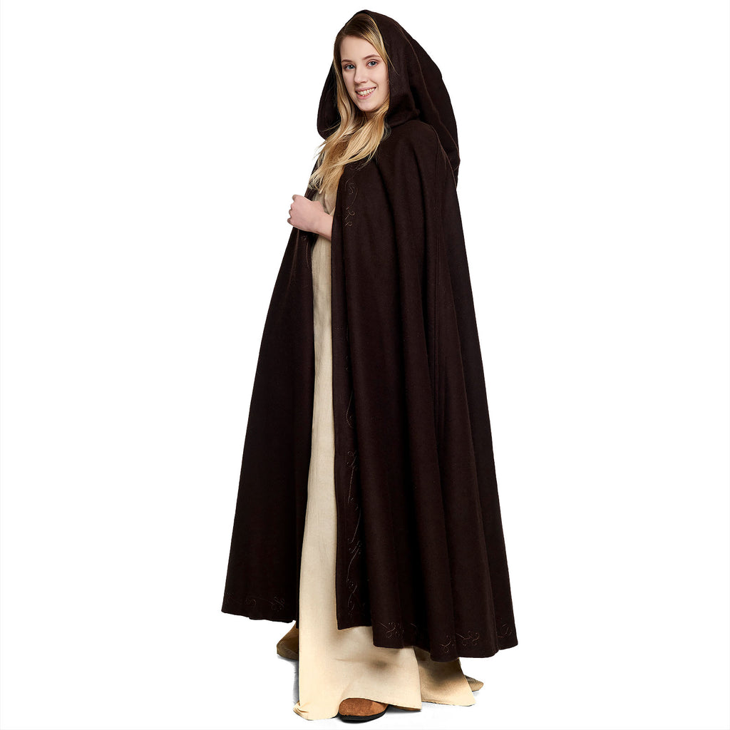 Image produit Cape médiévale en laine pour femmes avec capuche broderie boucle en métal marron