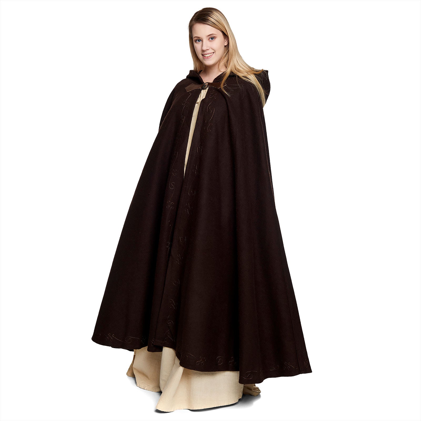 Image produit Cape médiévale en laine pour femmes avec capuche broderie boucle en métal marron