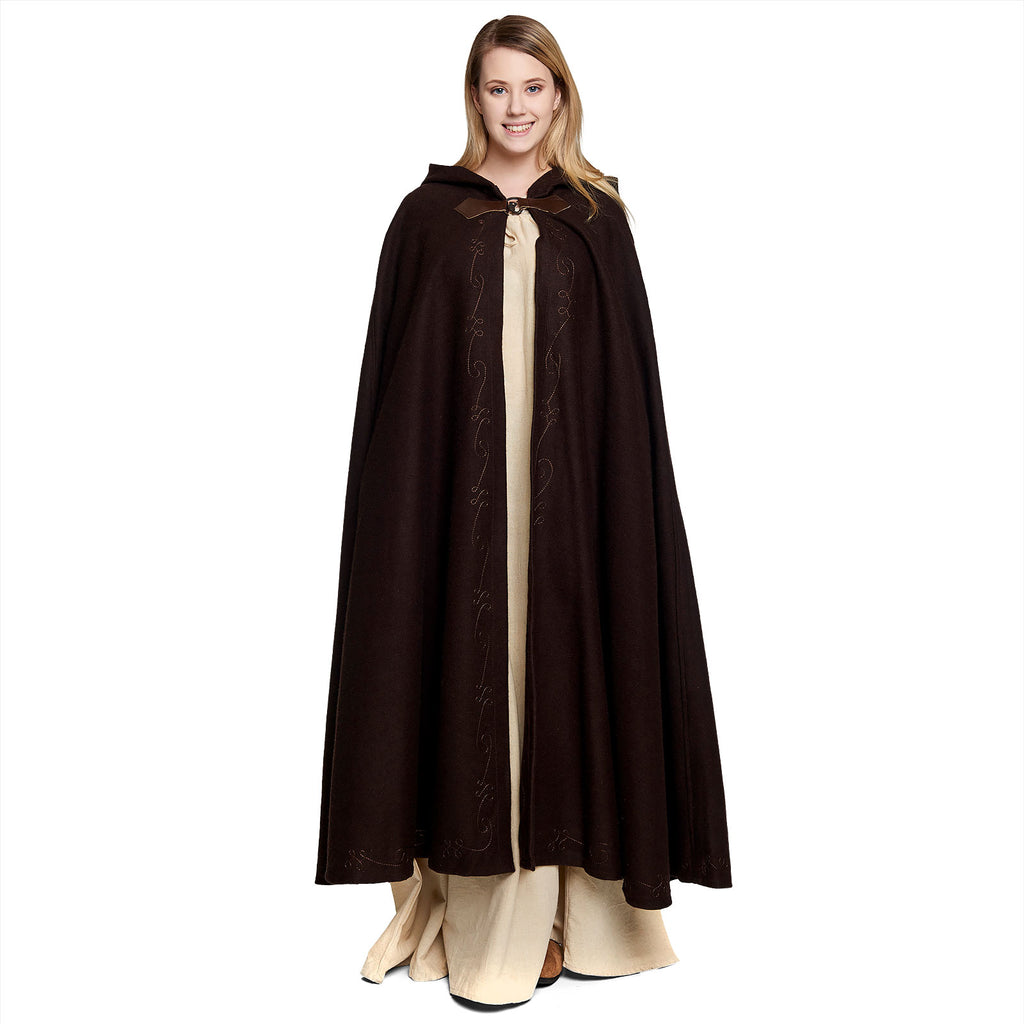 Image produit Cape médiévale en laine pour femmes avec capuche broderie boucle en métal marron