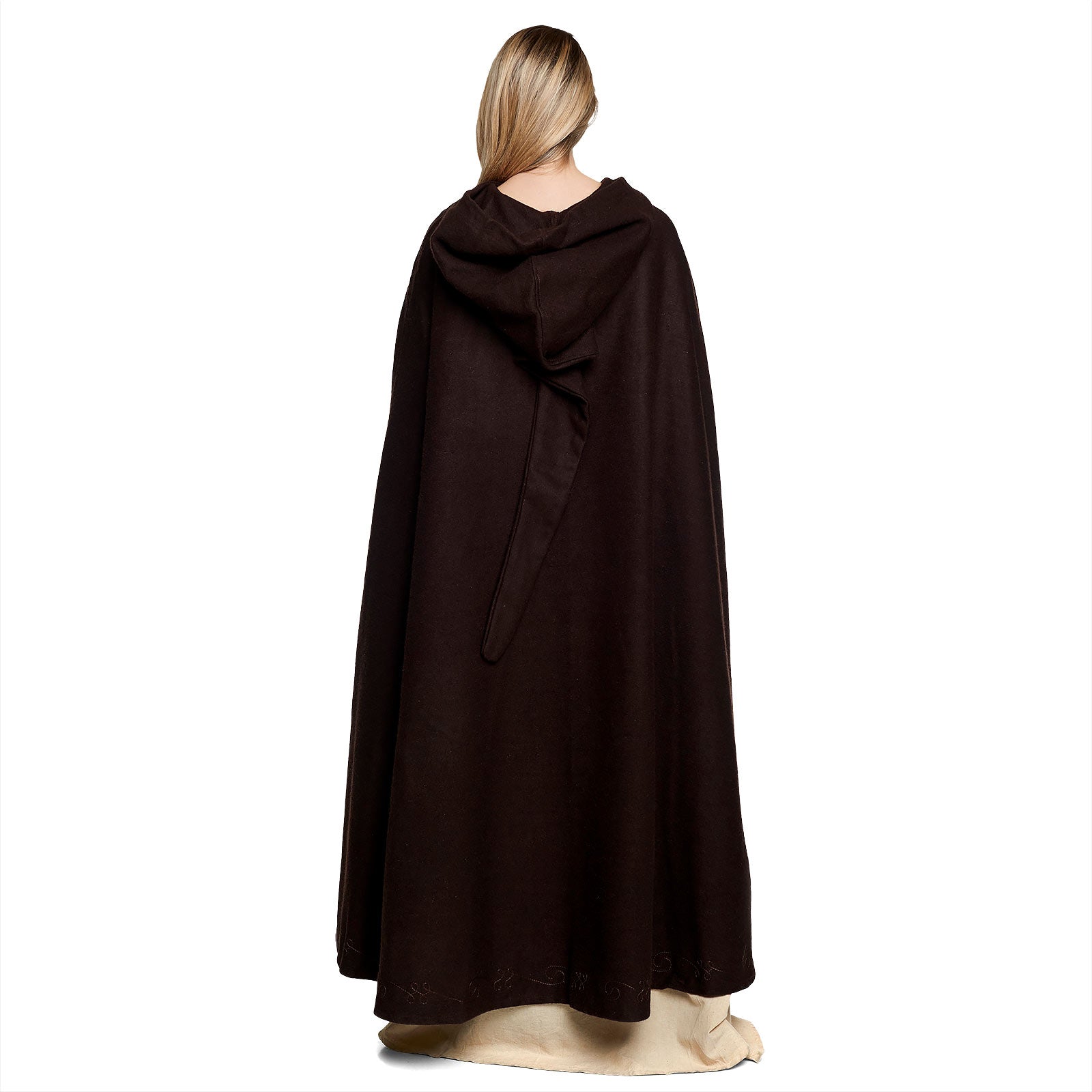 Image produit Cape médiévale en laine pour femmes avec capuche broderie boucle en métal marron