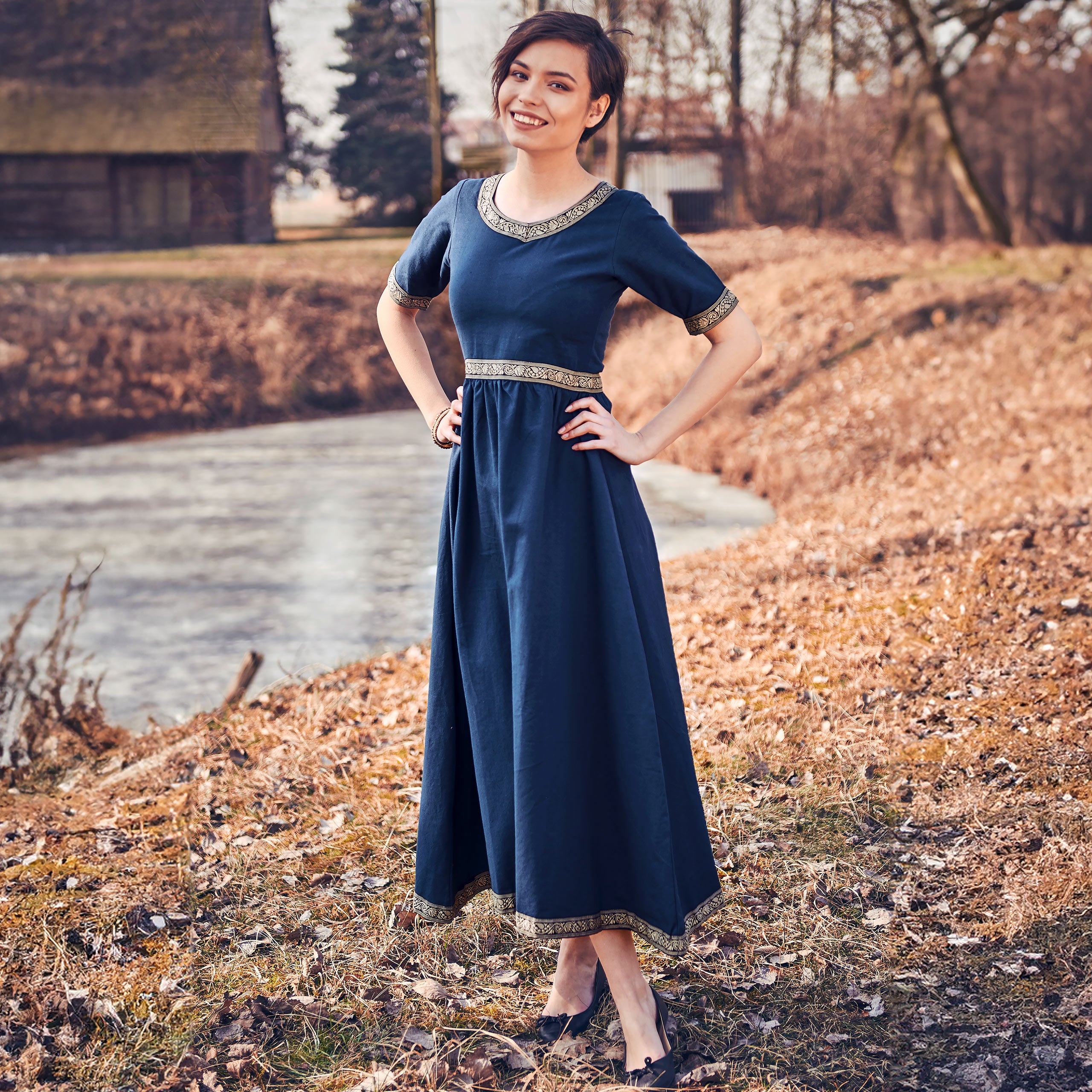 Image produit Robe Médiévale Ennlin à Manches Courtes Bleue
