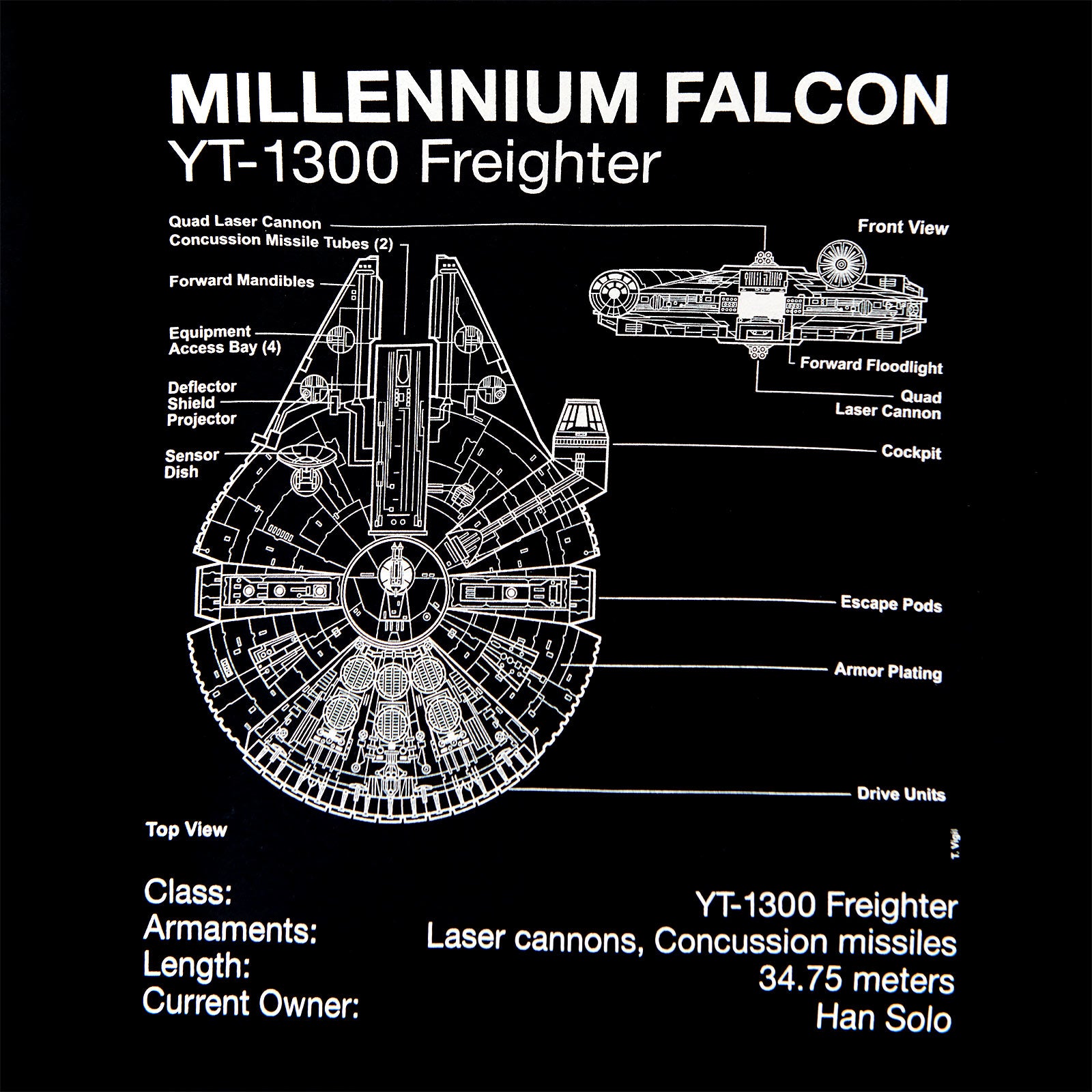 Image produit Star Wars - T-shirt esquisse du Faucon Millenium noir