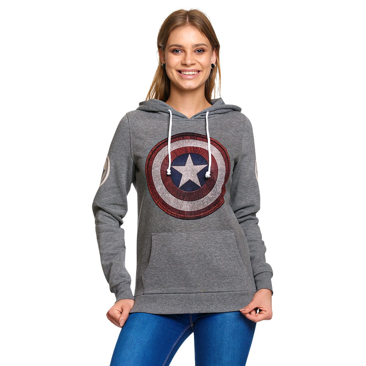 Image produit Captain America - Sweat à capuche rétro pour femmes avec logo Shield, gris