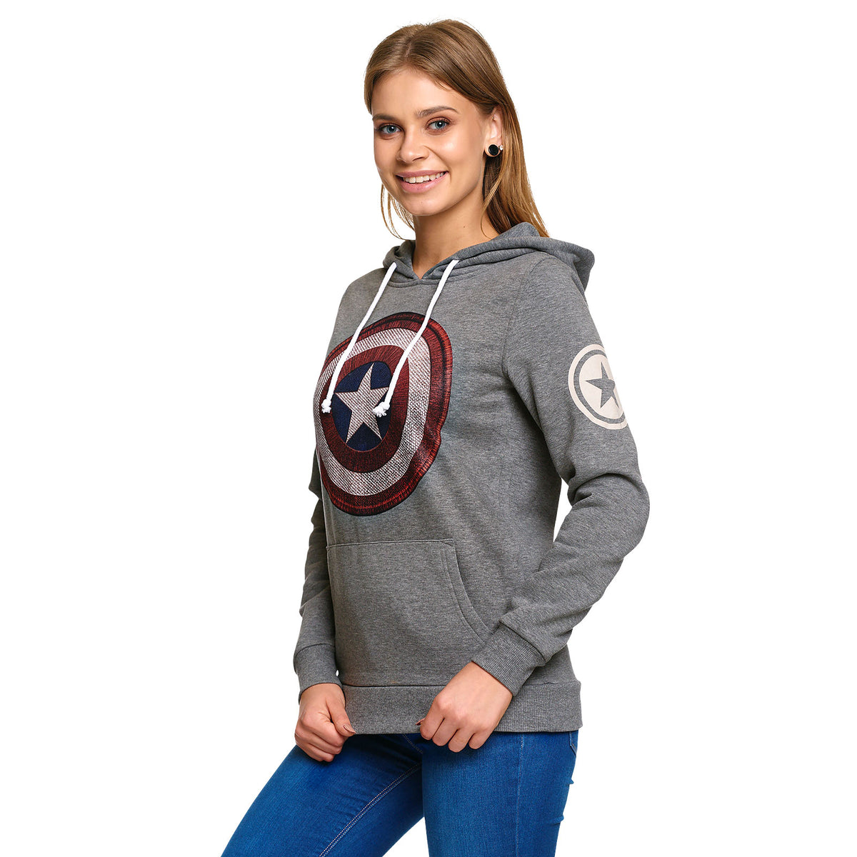 Image produit Captain America - Sweat à capuche rétro pour femmes avec logo Shield, gris