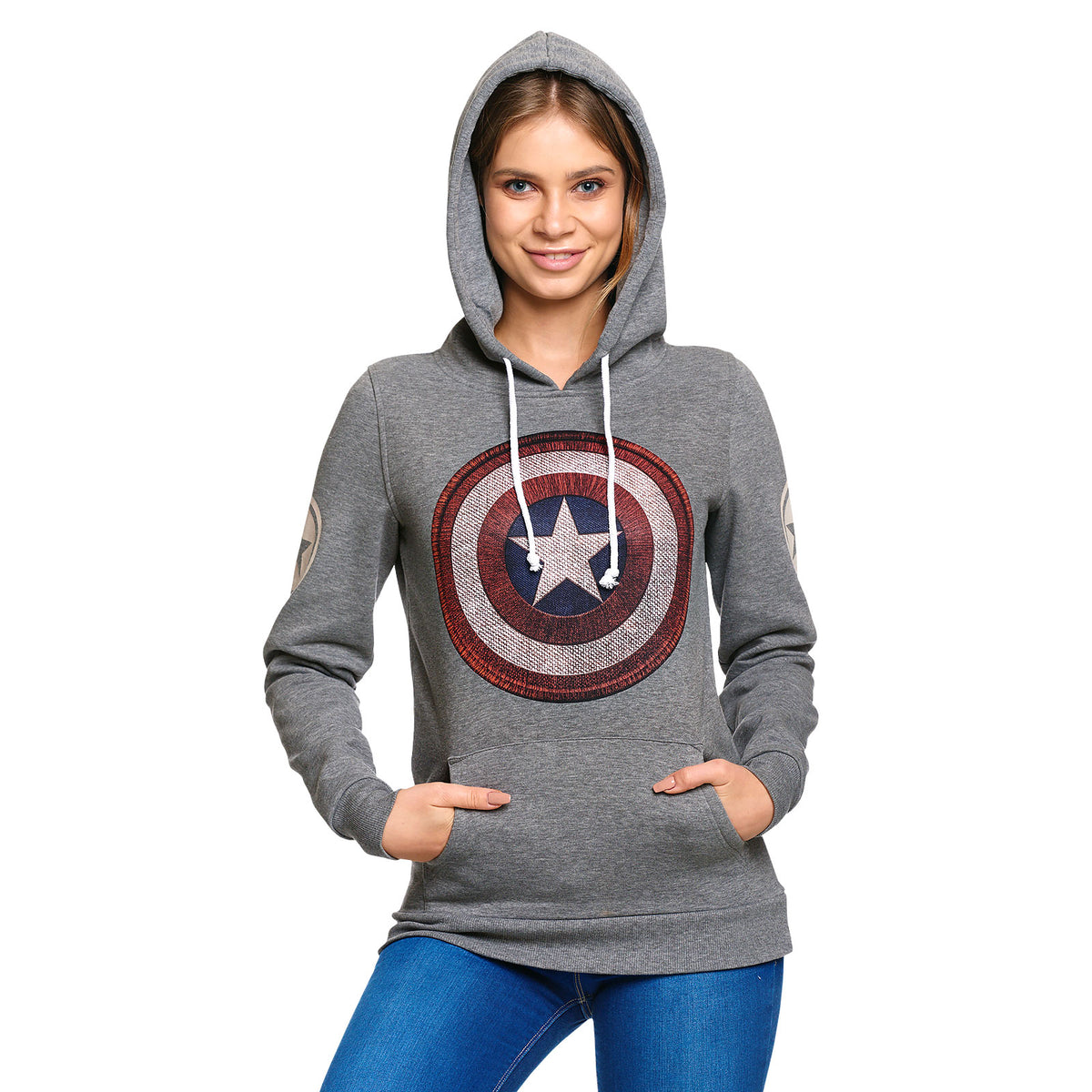 Image produit Captain America - Sweat à capuche rétro pour femmes avec logo Shield, gris