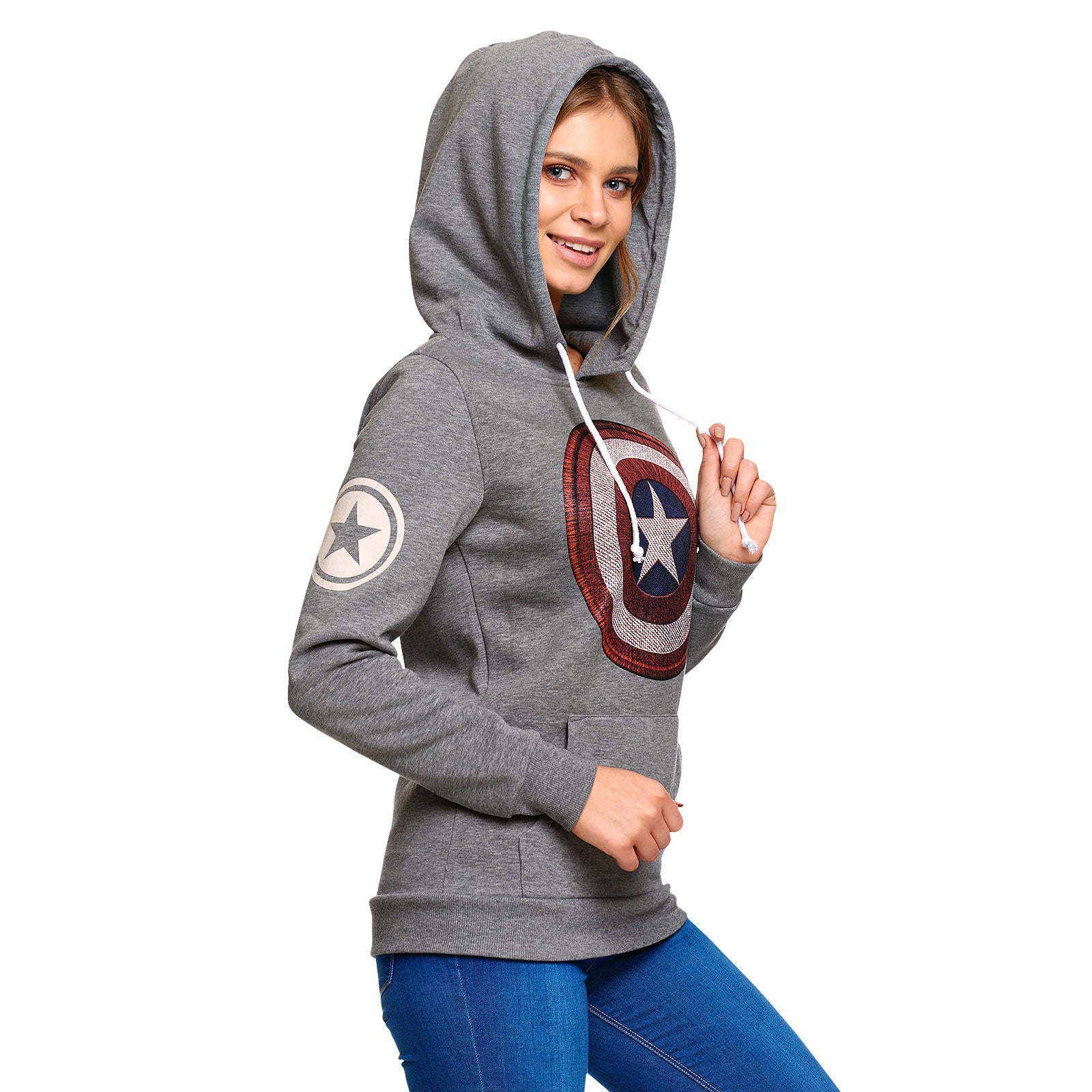 Image produit Captain America - Sweat à capuche rétro pour femmes avec logo Shield, gris