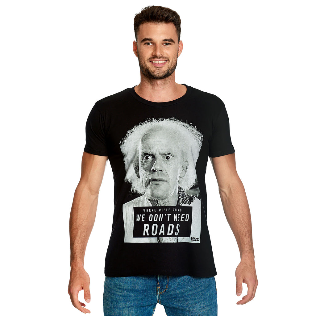 Image produit Retour vers le futur - T-shirt noir Doc Brown Nous n'avons pas besoin de routes