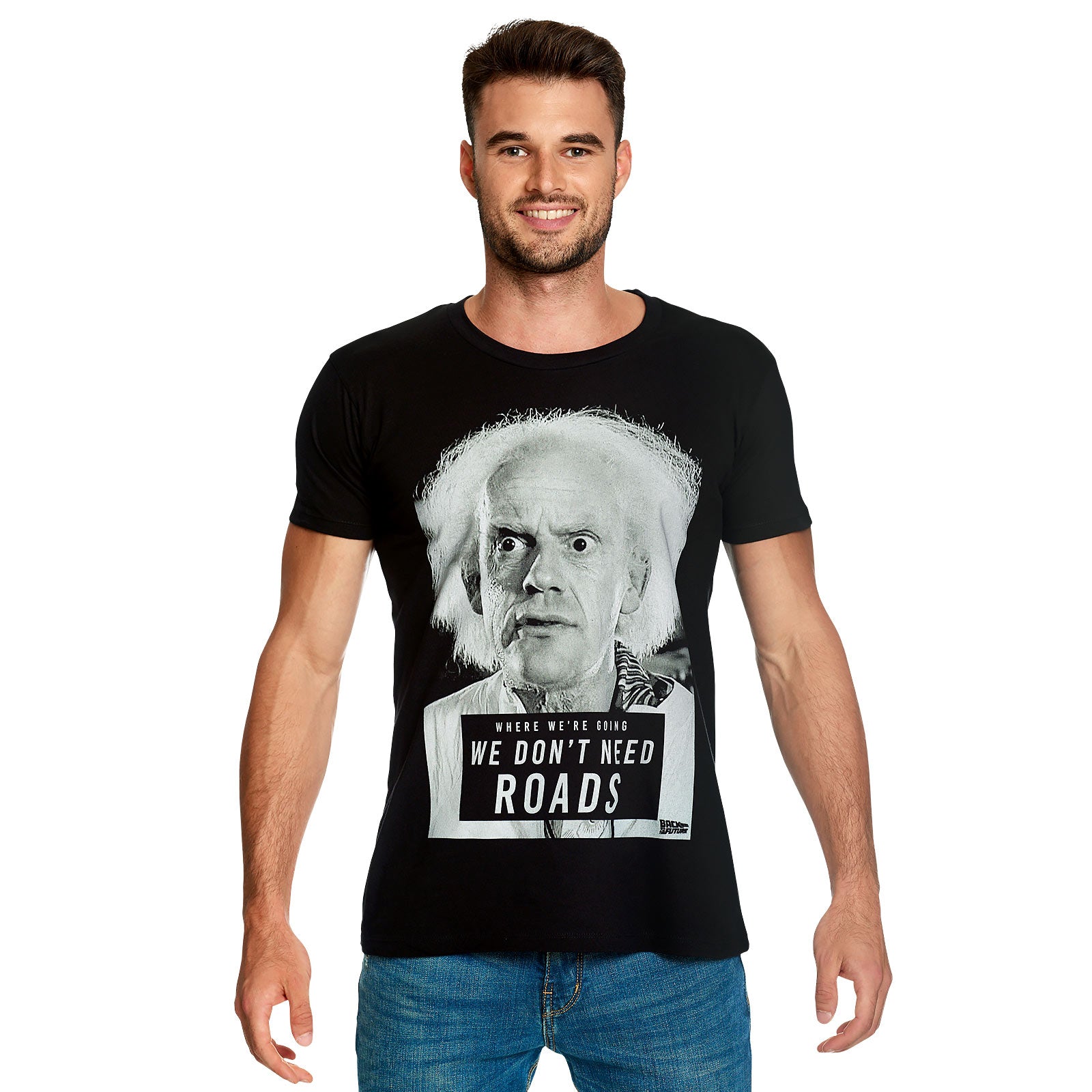 Image produit Retour vers le futur - T-shirt noir Doc Brown Nous n'avons pas besoin de routes