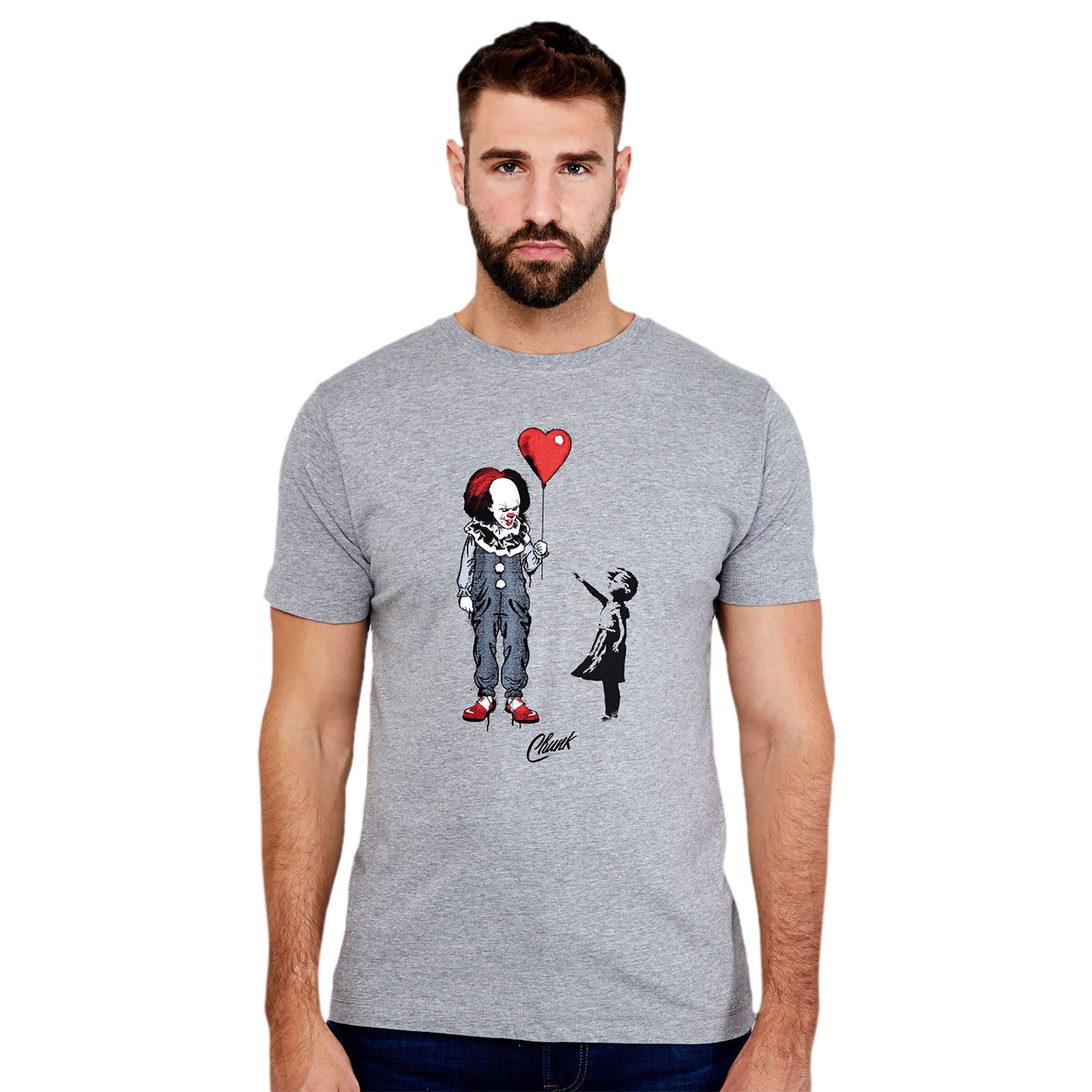 Image produit T-shirt Pennywise avec ballon en forme de coeur pour les fans de Ça de Stephen King
