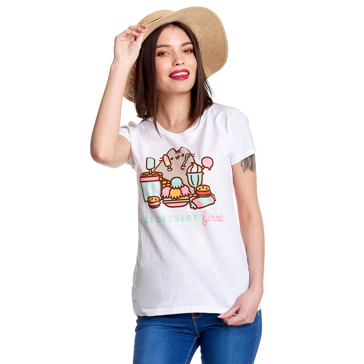 Image produit Pusheen - Eat Dessert First T-shirt pour femmes blanc