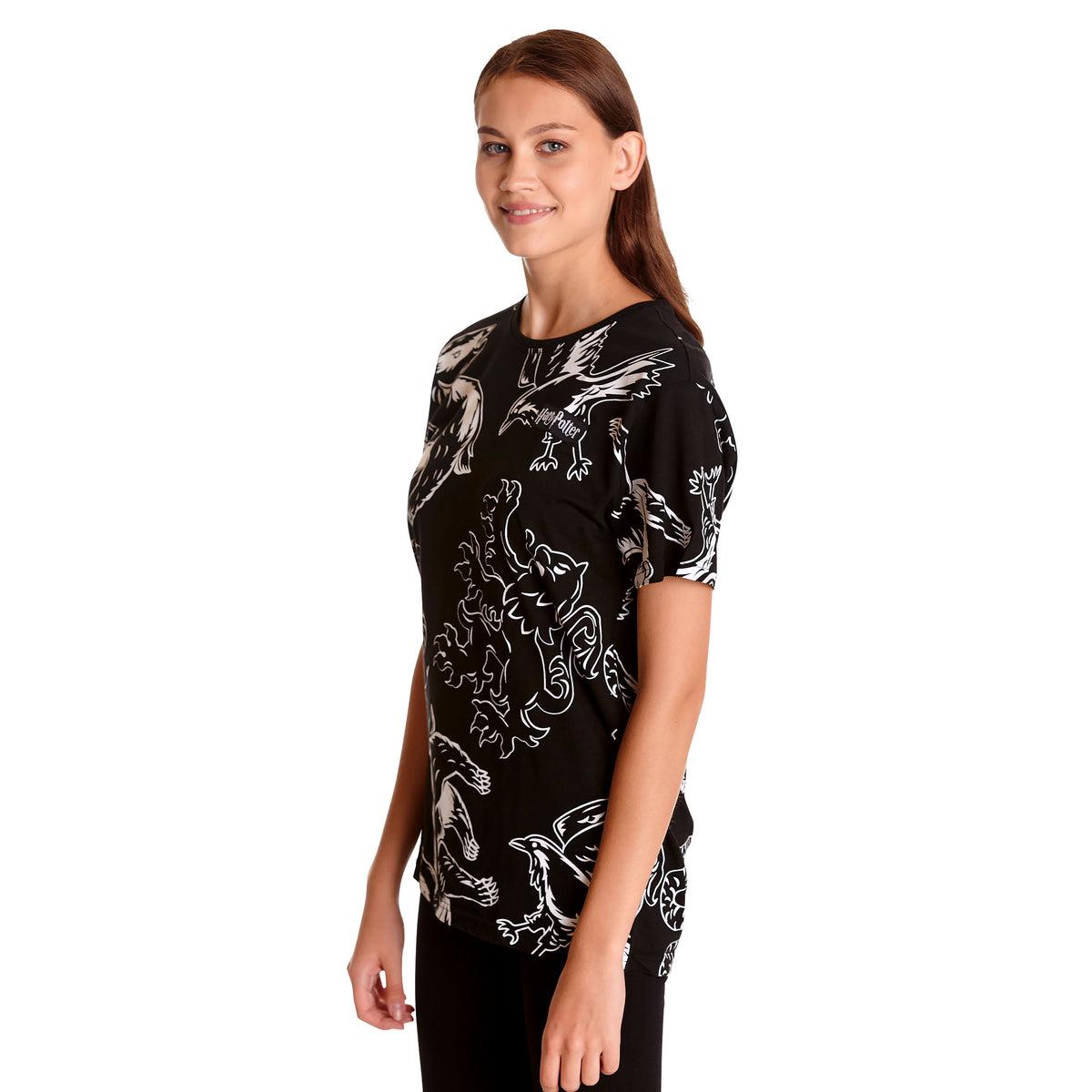Image produit Harry Potter - T-shirt noir et blanc avec blasons des maisons