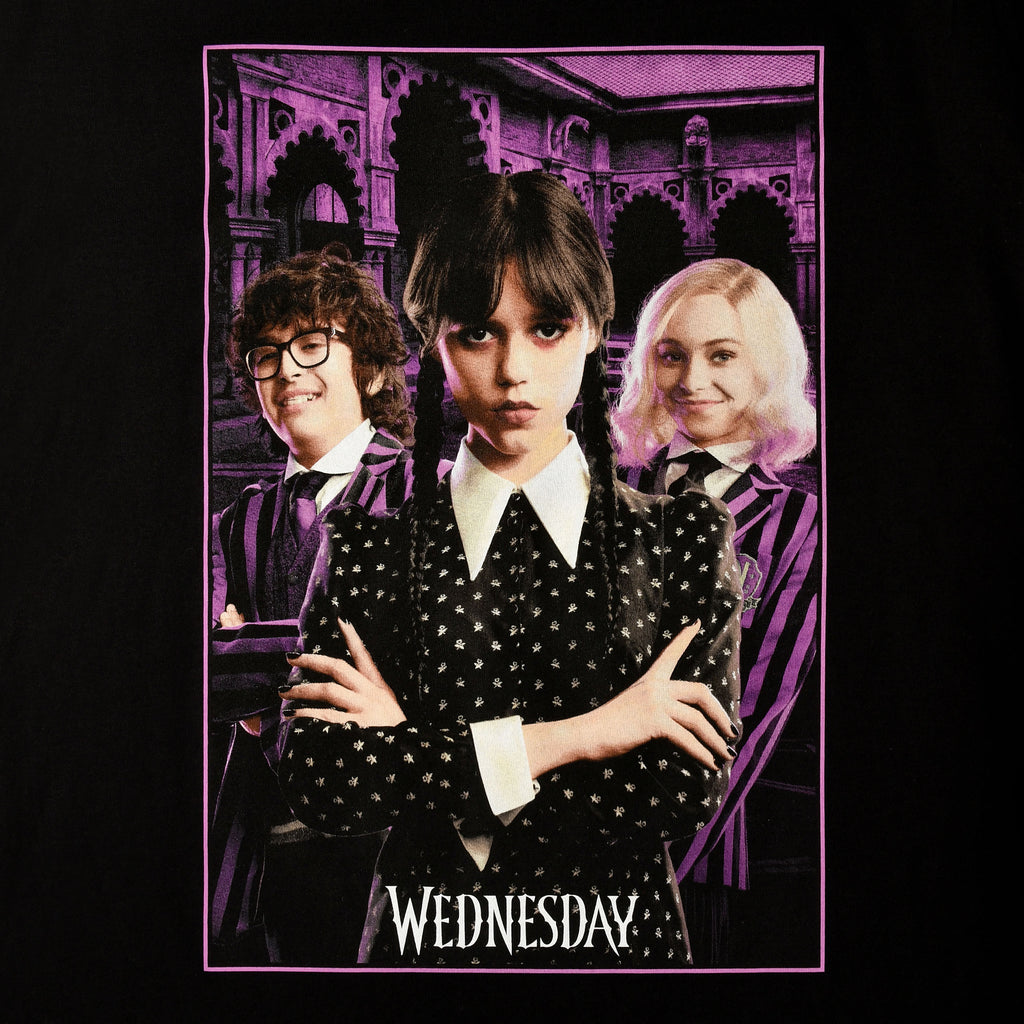 Image produit T-shirt noir en collage Wednesday avec Enid et Eugene
