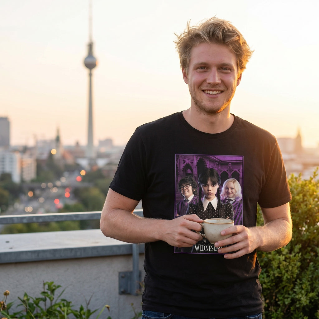 Image produit T-shirt noir en collage Wednesday avec Enid et Eugene