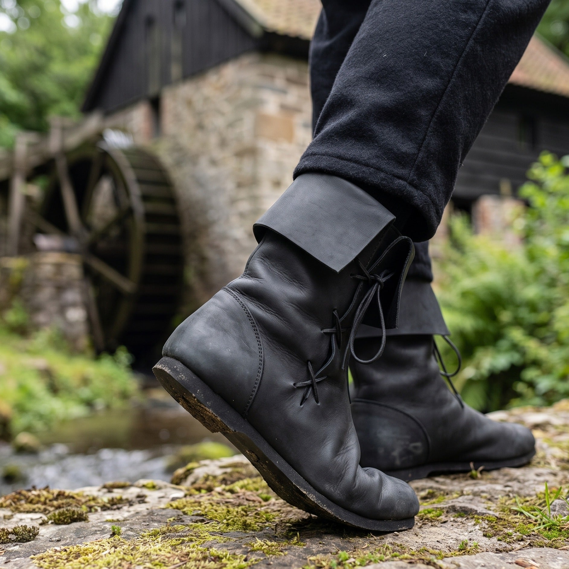 Image produit Bottes médiévales à revers en cuir nubuck noir