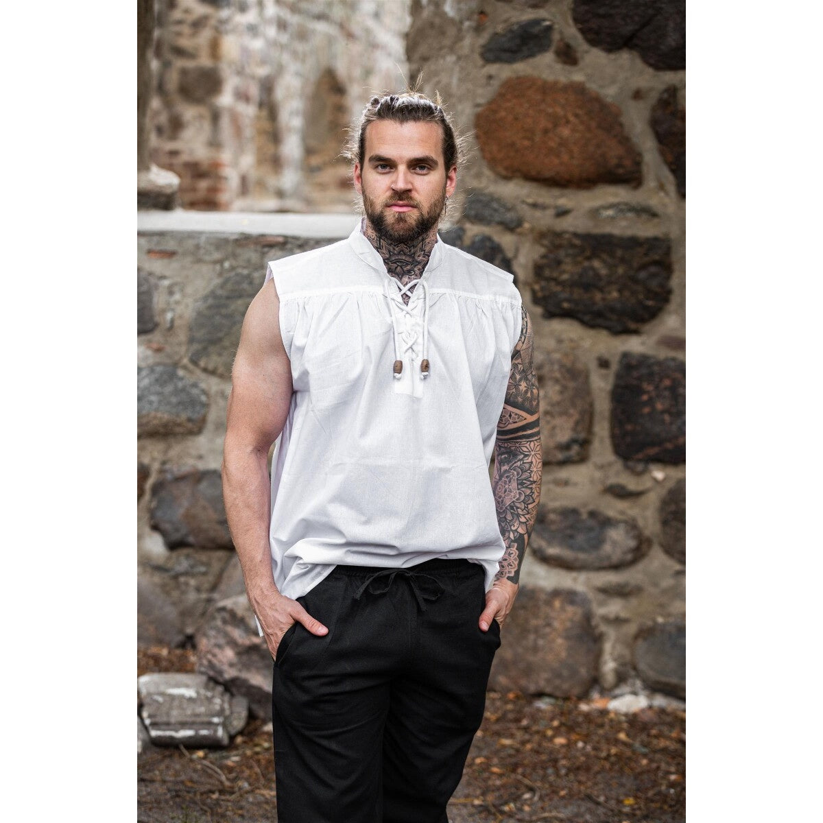Image produit Chemise médiévale à col montant lacée Louis sans manches blanc