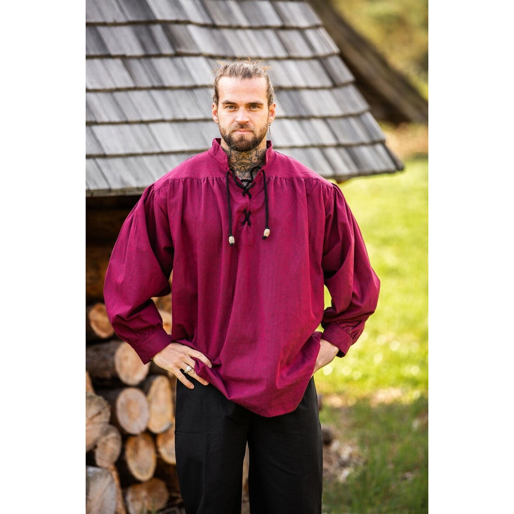 Image produit Chemise médiévale à col montant lacée Georg rouge chiné