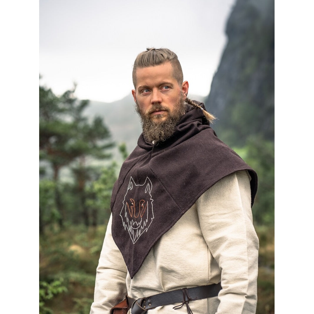 Image produit Gugel médiévale Tyr avec broderie de loup marron