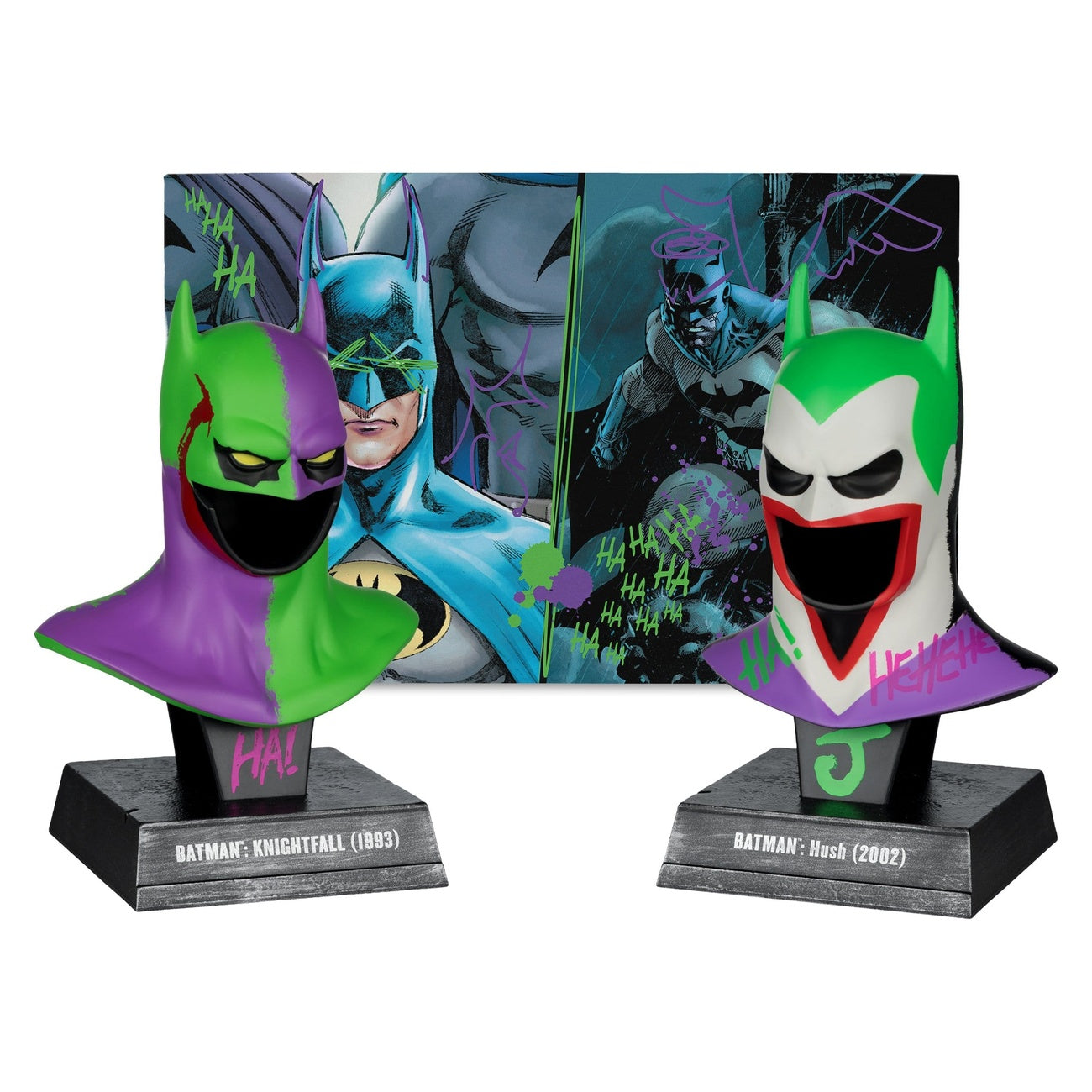 Image produit Batman DC Direct Mini-Réplique 1/3 Pack de 2 Masques de Batman Hush & Knightfall (Jokerized) (Gold Label) 18 cm